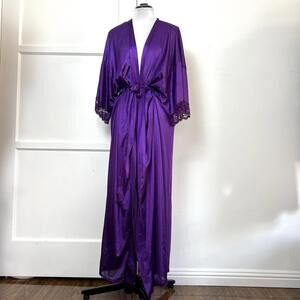 Vtg 70s 80s Purple Liquid Satin Nightgown Robe Handmade Lace Trim Maxi OSFM